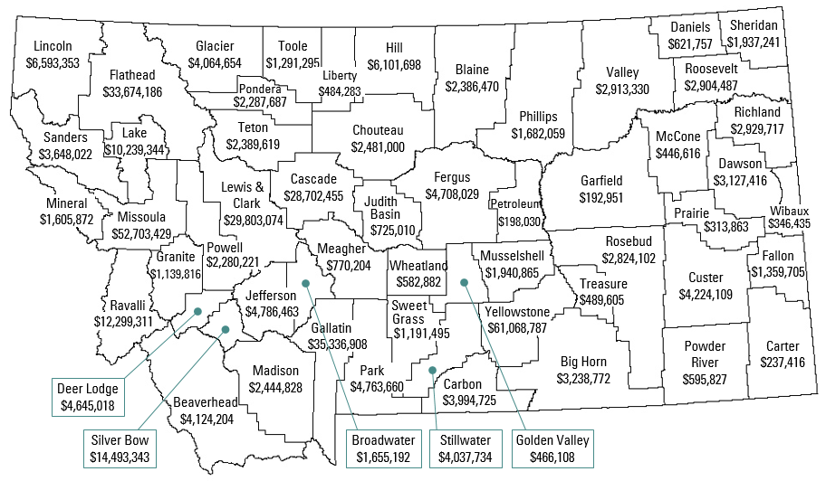 Map of Montana's 56 counties labeled with TRS payment totals for each county. See table below for data.