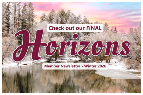 Photo of a pink winter sunset over Whitefish Lake with the words, Check out our final Horizons Member Newsletter - Winter 2026
